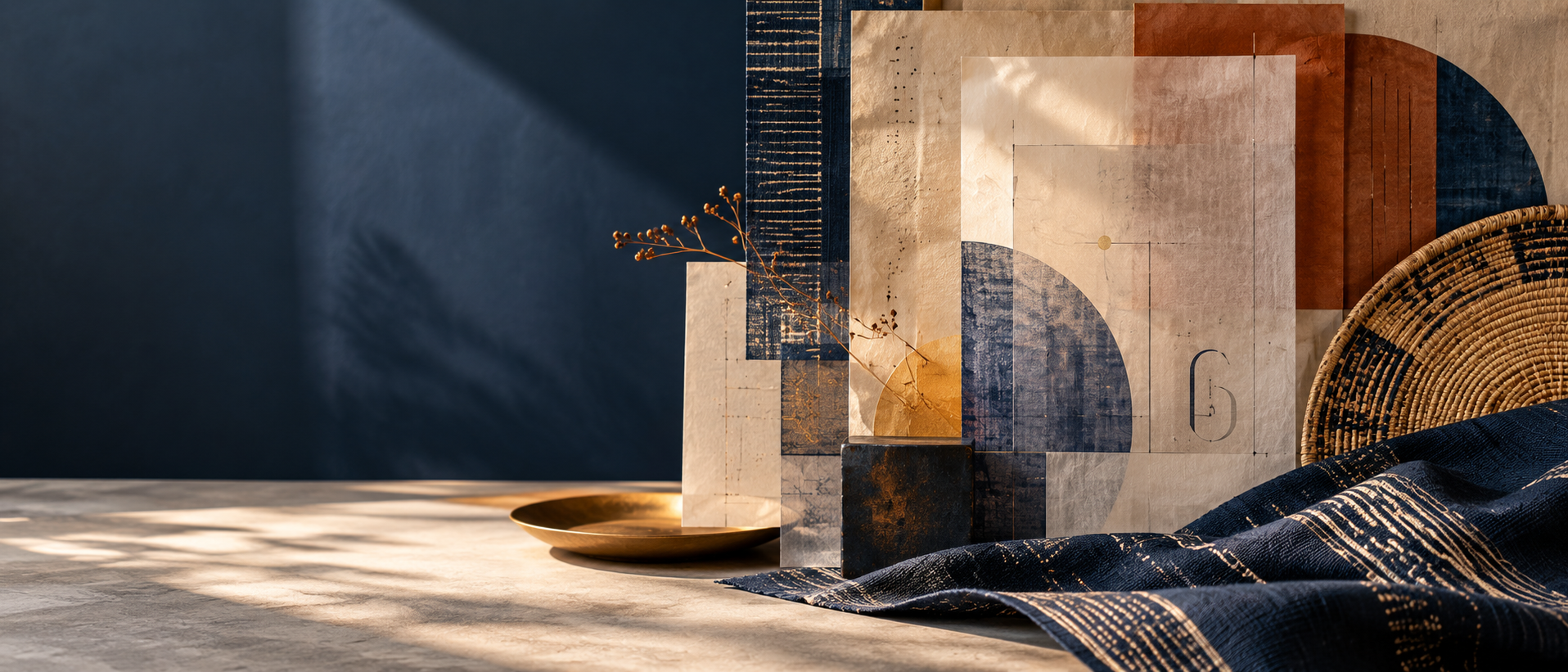 Abstract editorial composition of layered paper, woven textiles and annotation marks